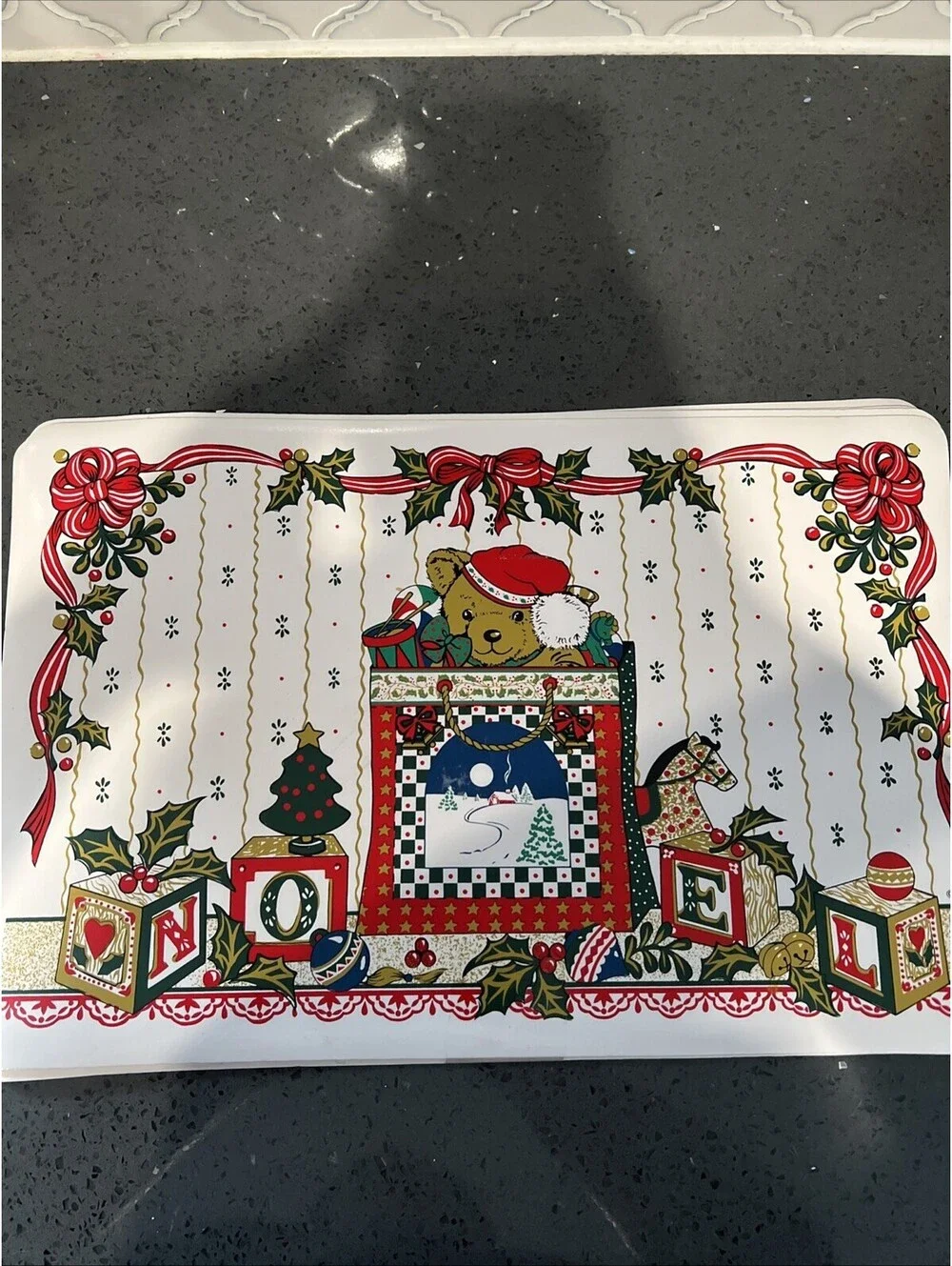 Vintage Christmas Teddy Bear Fireplace Noel Vinyl Placemats Holiday Set 5